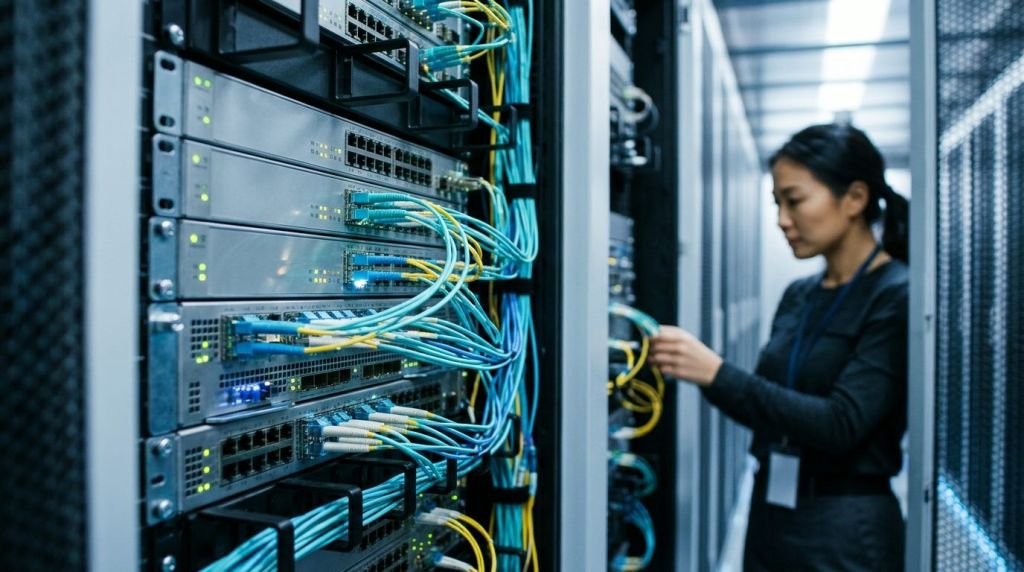 Enterprise network routers and fiber optic cabling powering managed SD-WAN infrastructure.