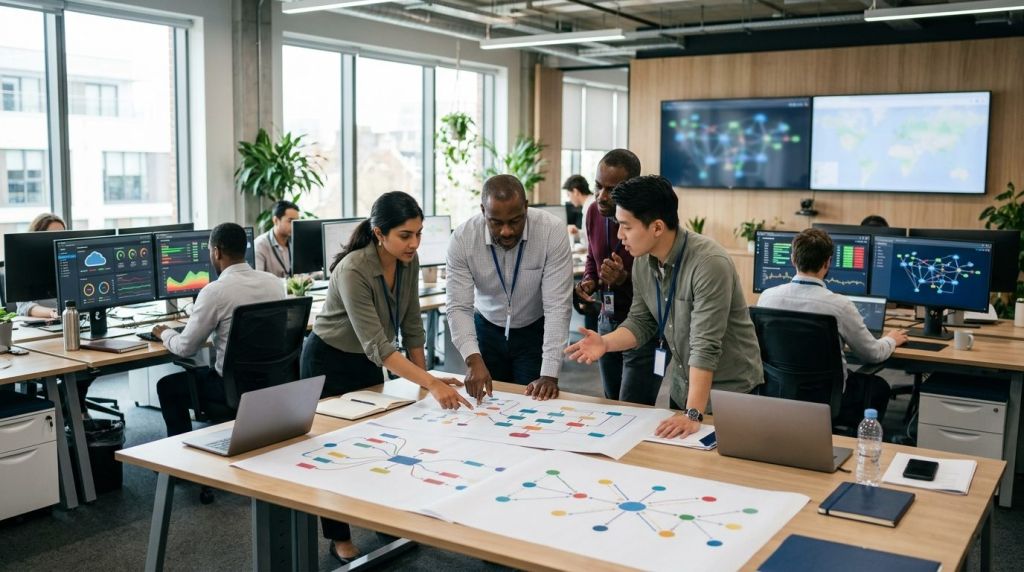 Enterprise systems engineers executing an m365 tenant migration checklist in an operations centre
