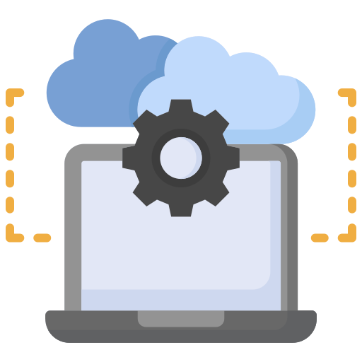 Laptop computer with a cog icon and clouds, representing cloud migration.