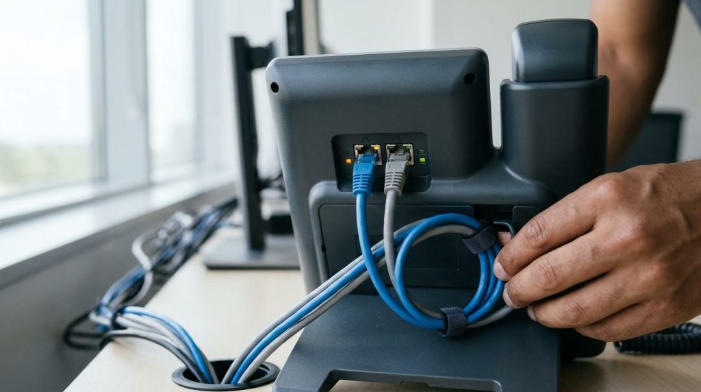 Rear view of business desk phones showing Gigabit network and PoE connections.