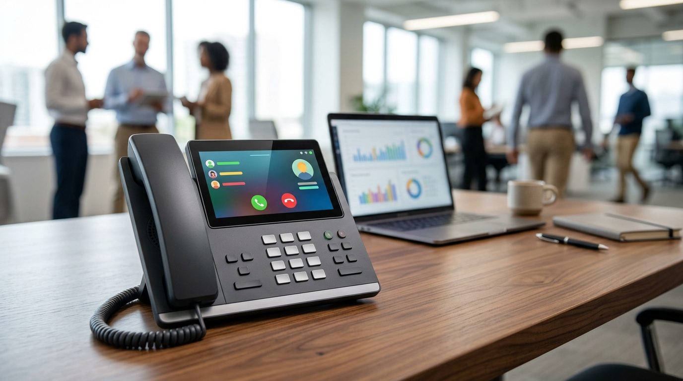Modern office voip phones on a corporate desk showing dual-line connectivity and enterprise configuration.