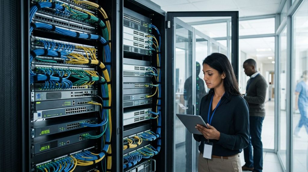 Hospital data center network rack supporting secure clinical pbx integration.