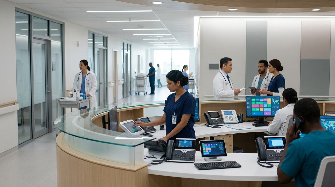 Enterprise pbx integration for healthcare at a modern hospital nurse call station.
