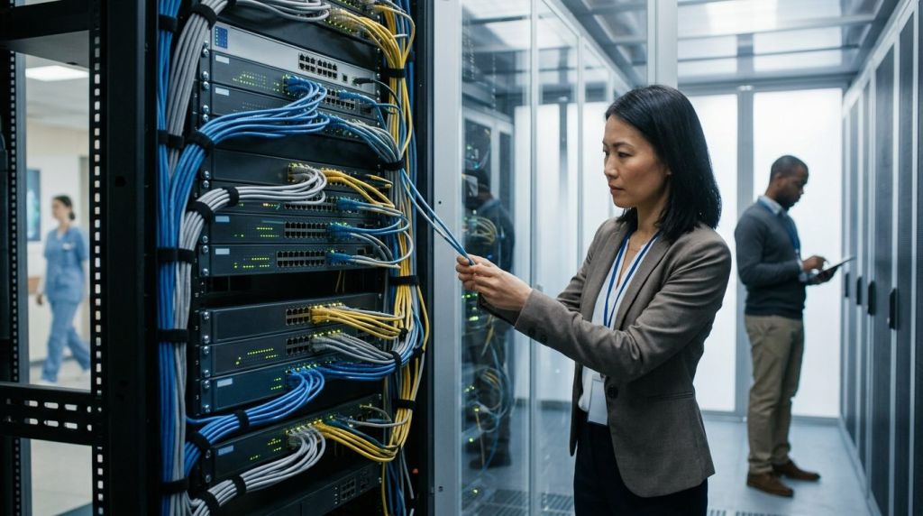 Enterprise telecommunications rack and voice gateway infrastructure supporting healthcare hospital pbx system.