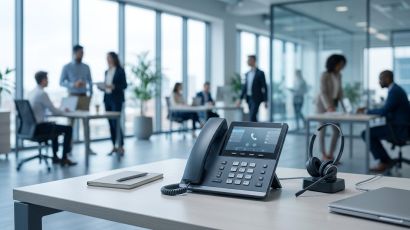 Modern enterprise VoIP desk phone displaying caller ID settings, representing private number code controls.