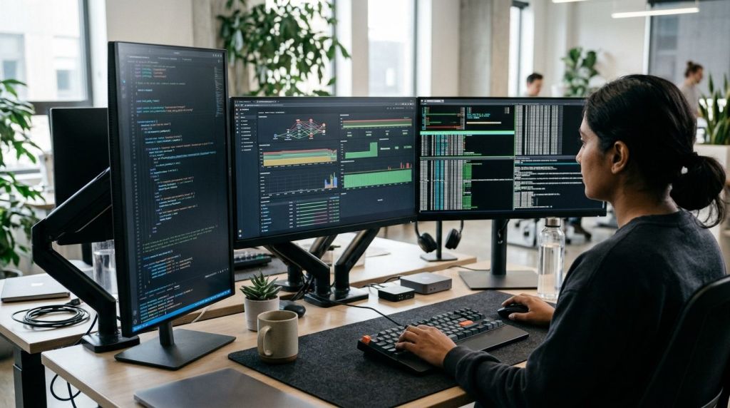 System administrator reviewing continuous state enforcement manifests and drift management telemetry on workstation displays.