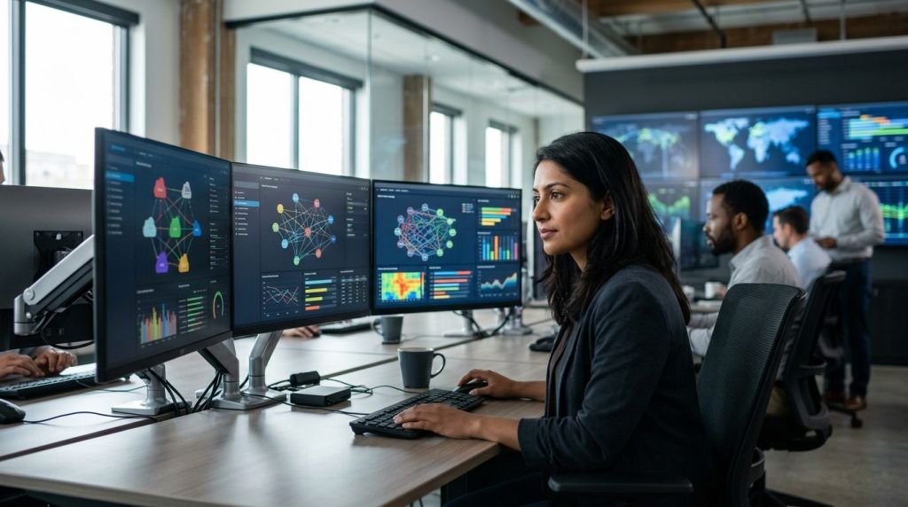 Network operations engineer monitoring hybrid wan management and multi-cloud performance dashboards.