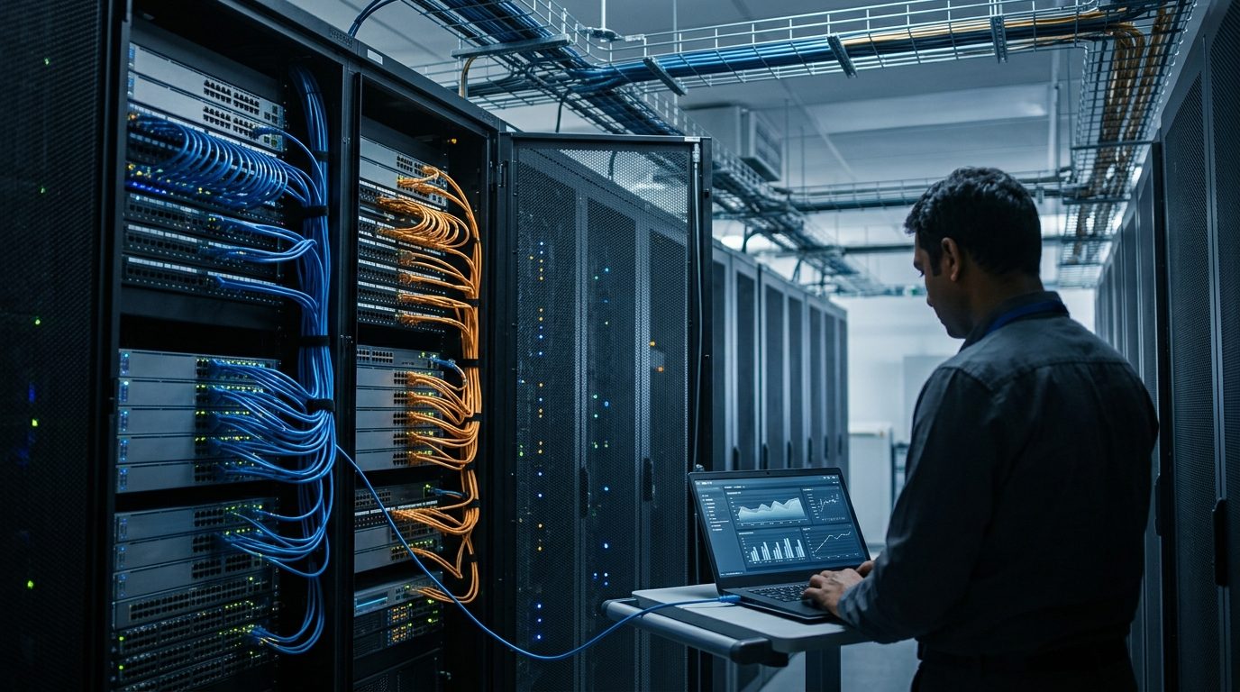 Enterprise server rack showing high-speed optical patch cables used for sd wan managed services.