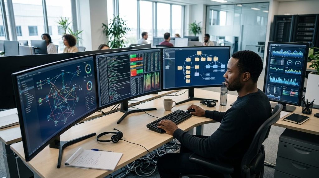 Systems administrator configuring policies and monitoring telemetry in a modern corporate IT environment.
