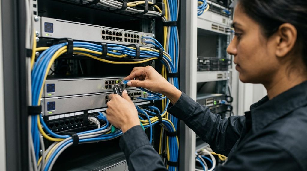 Technician configuring network cabling and switch security for an exterior video door intercom deployment