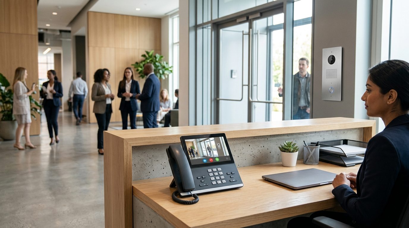 Enterprise video intercom voip integration showing a video desk phone connected to an exterior door station
