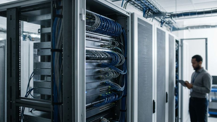 Yeastar IP PBX hardware installed in a secure enterprise server rack.